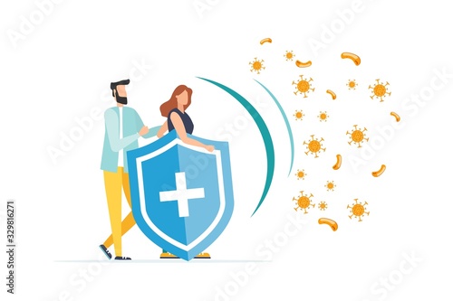 Immune system vector icon logo. Health bacteria virus protection. Medical prevention human germ. Healthy people reflect bacteria attack with shield. Boost Immunity with medicine concept illustration
