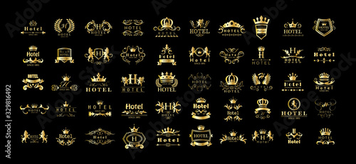 Golden Hotel Luxury Logo Set - Isolated On Black Background, Vector.Icons Collection Of Golden Hotel Logo, Emblem And Label.Useful For Badge,Seal And Design Template.Vector Illustration Of Luxury Logo
