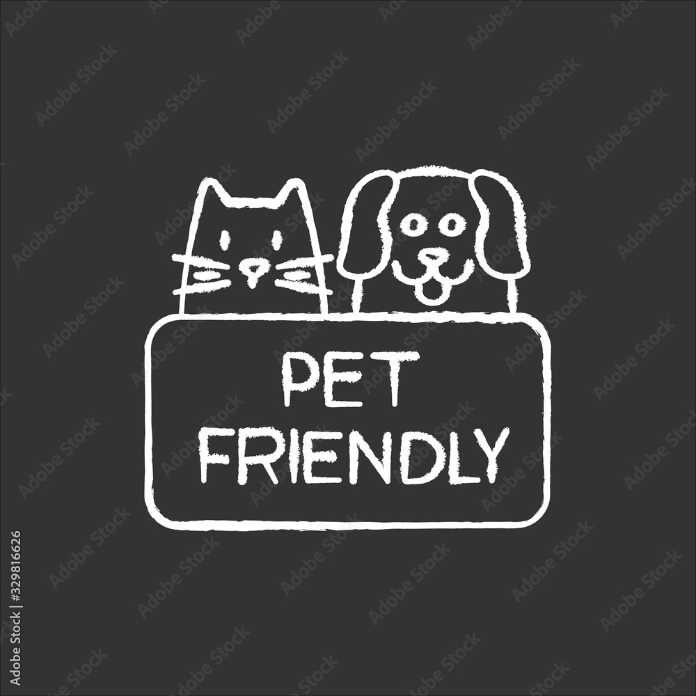 Cat and dog friendly area chalk white icon on black background. Puppy and kitten permitted zone. Domestic animals allowed territory, pets welcome institution. Isolated vector chalkboard illustration Cat and dog friendly area chalk white icon on black background. Puppy and kitten permitted zone. Domestic animals allowed territory, pets welcome institution. Isolated vector chalkboard illustration