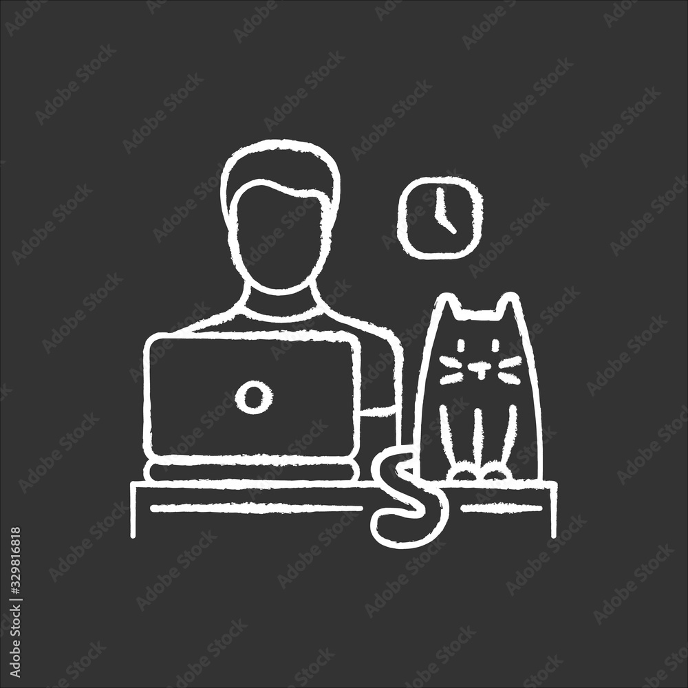 Pet friendly office chalk white icon on black background. Domestic animal permitted territory. Cat at workplace, kitten and human working on computer. Isolated vector chalkboard illustration Pet friendly office chalk white icon on black background. Domestic animal permitted territory. Cat at workplace, kitten and human working on computer. Isolated vector chalkboard illustration