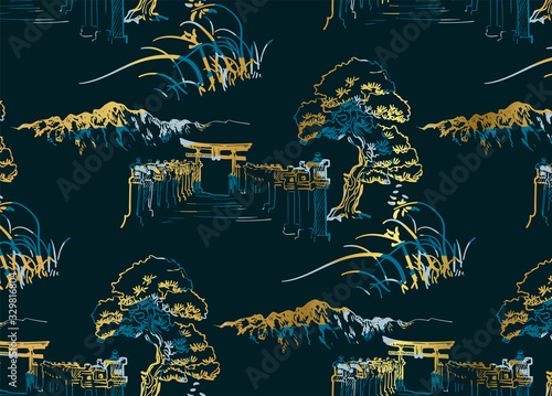 thorium temple nature landscape view vector sketch illustration japanese chinese oriental line art seamless pattern