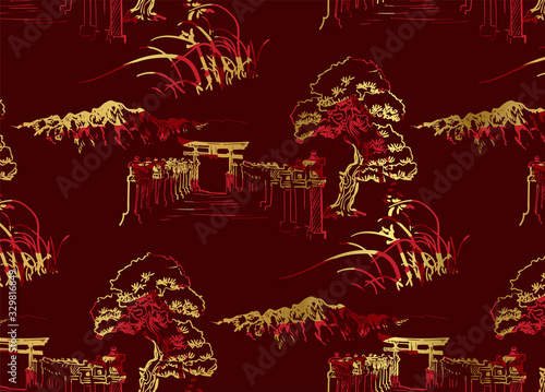 thorium temple nature landscape view vector sketch illustration japanese chinese oriental line art seamless pattern