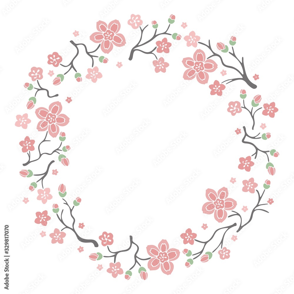 Vector sakura wreath. Natural round frame with blossom cherry tree branches. Hand drawn japanese flowers illustration on white background.