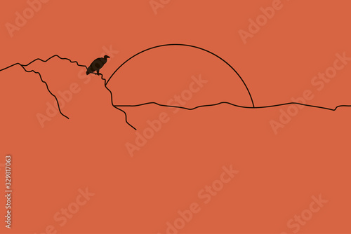 Vector illustration of abstract landscape with sun and vulture bird on rock