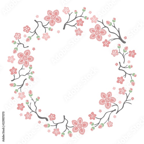 Vector sakura wreath. Natural round frame with blossom cherry tree branches. Hand drawn japanese flowers illustration on white background.