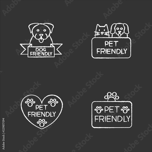 Pet friendly service chalk white icons set on black background. Four-legged friends grooming salon. Domestic animals care, cats and dogs allowed areas. Isolated vector chalkboard illustrations