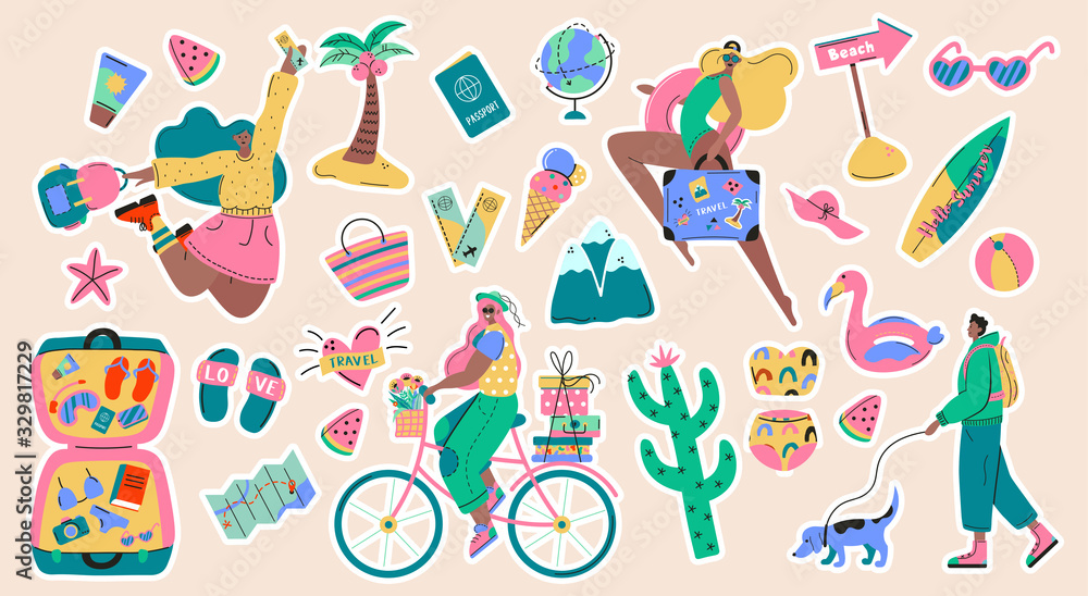 Collection of adventure tourism, travel abroad, summer vacation trip stickers, hiking and backpacking decorative design elements isolated on white background. Flat cartoon colorful vector illustration