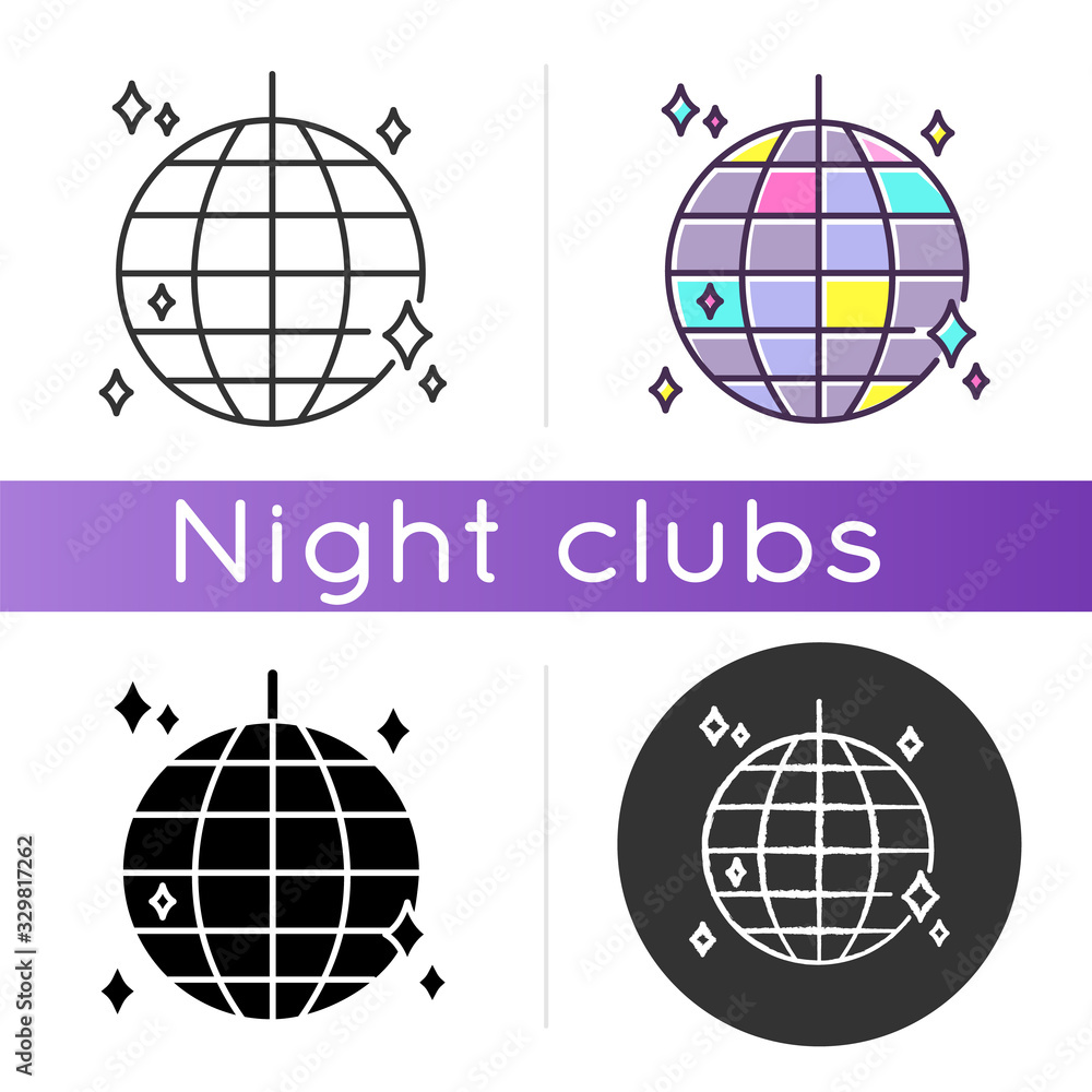 Disco ball icon. Linear black and RGB color styles. Night club ...