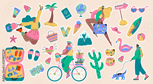Collection of adventure tourism, travel abroad, summer vacation trip stickers, hiking and backpacking decorative design elements isolated on white background. Flat cartoon colorful vector illustration
