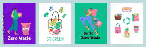 Collection of Zero Waste durable and reusable greeting card - glass jars, eco grocery bags, wooden cutlery, comb, toothbrush and brushes, thermo mug. Flat vector set illustration 