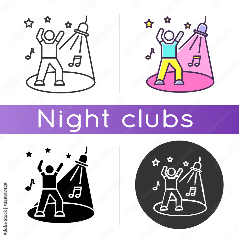Fototapeta premium Discotheque icon. Linear black and RGB color styles. Night club recreation, active leisure, late night party. Nightclub entertainment. Young clubber on dance floor isolated vector illustrations