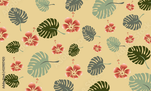 Tropical leaves composition with red flowers. Warm time