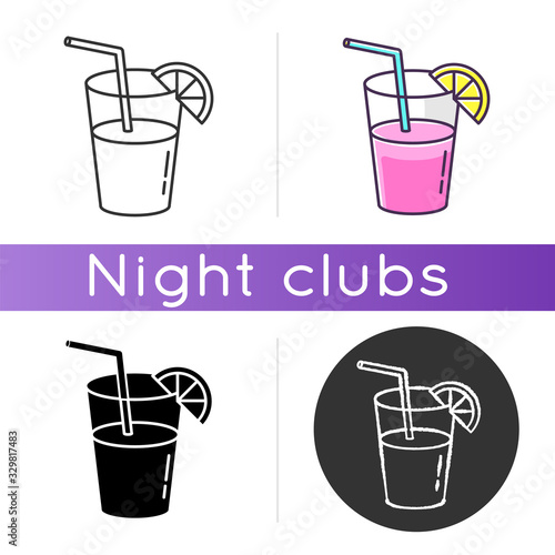 Long drink, cocktail icon. Linear black and RGB color styles. Night club, bar, drinking establishment. Delicious refreshment. Alcohol beverage with straw and lemon slice isolated vector illustrations