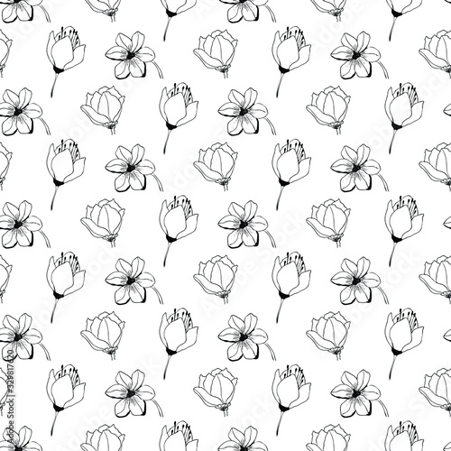 Vector floral seamless pattern. Background with outline hand drawn flowers. Design concept for fabric design, textile print, wrapping paper or web backgrounds.