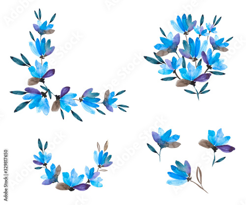 Abstract set: vignette, corner, bouquet and separate flowers. Blue, brown and purple petals, green leaves. Watercolor raster image. Hand drawn. White background. Isolate.