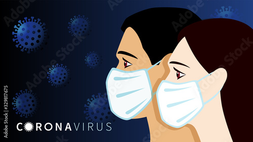 Man and women in white medical face mask. Coronavirus in China, Novel coronavirus (2019-nCoV). Concept of quarantine, pandemic medical concept with dangerous cells. Vector illustration