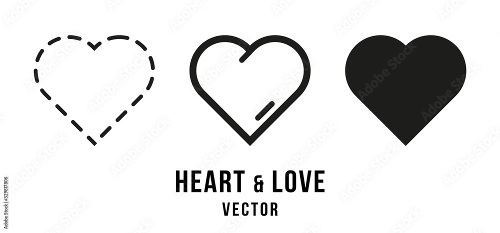 Heart and Love shape vector icons isolated on white background set 1. Outline heart buttons with solid fill and stroke. Templates for social media like and love buttons for app and web UI.