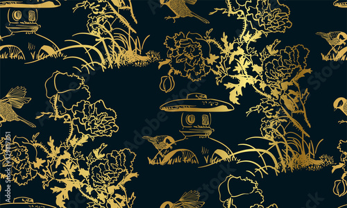 poppy flower toro bird nature landscape view vector sketch illustration japanese chinese oriental line art ink seamless pattern