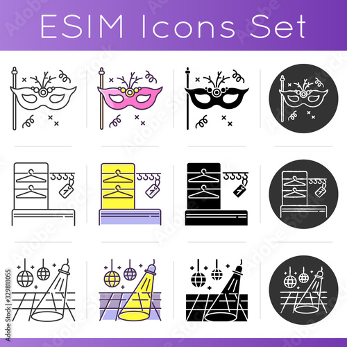 Nightclub theme party icons set. Linear, black and RGB color styles. Entertainment event, night club recreation. Masquerade mask, dance floor and wardrobe isolated vector illustrations
