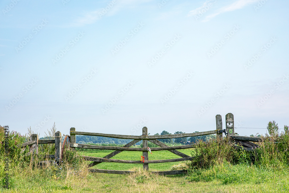 Closed gate in agricultural land, wooden ramshackle in green meadow with high sky