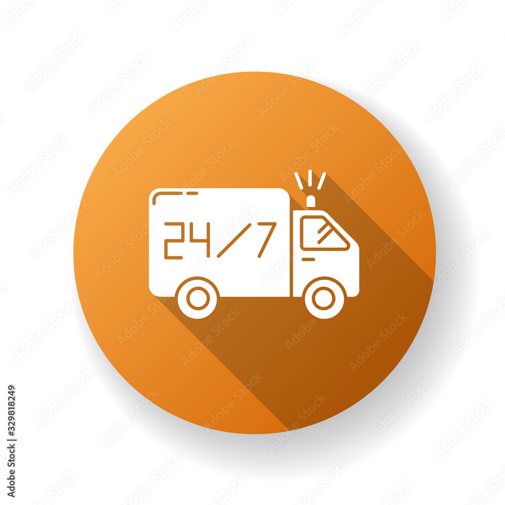 24 7 hour delivery orange flat design long shadow glyph icon. Fast twenty-four seven shipping. Everyday shipping car. Transportation truck. Retail industry. Silhouette RGB color illustration 24 7 hour delivery orange flat design long shadow glyph icon. Fast twenty-four seven shipping. Everyday shipping car. Transportation truck. Retail industry. Silhouette RGB color illustration