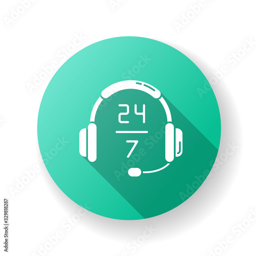 24 7 hour customer support turquoise flat design long shadow glyph icon. Headphone sign for around the clock service. Helpline twenty four seven hours. Silhouette RGB color illustration