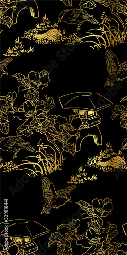 toro light flower nature landscape view vector sketch illustration japanese chinese ink seamless pattern