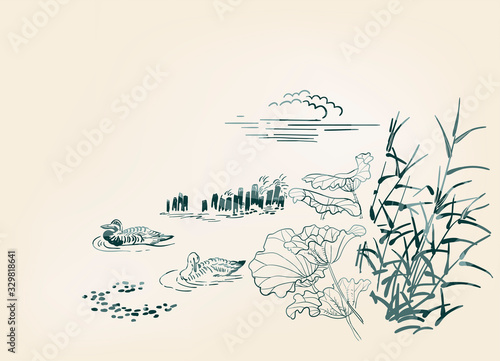 pond ducks burdock nature landscape view vector sketch illustration japanese chinese art ink card background