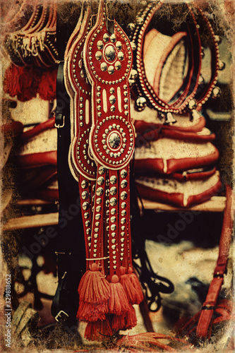 ornate harness in close-up view, old photo effect.