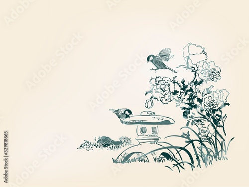 poppy flower toro bird nature landscape view vector sketch illustration japanese chinese art ink card background