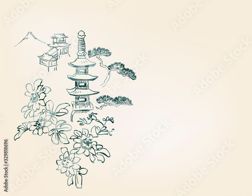 toro flower temple mountain nature landscape view vector sketch illustration japanese chinese oriental line art ink card background
