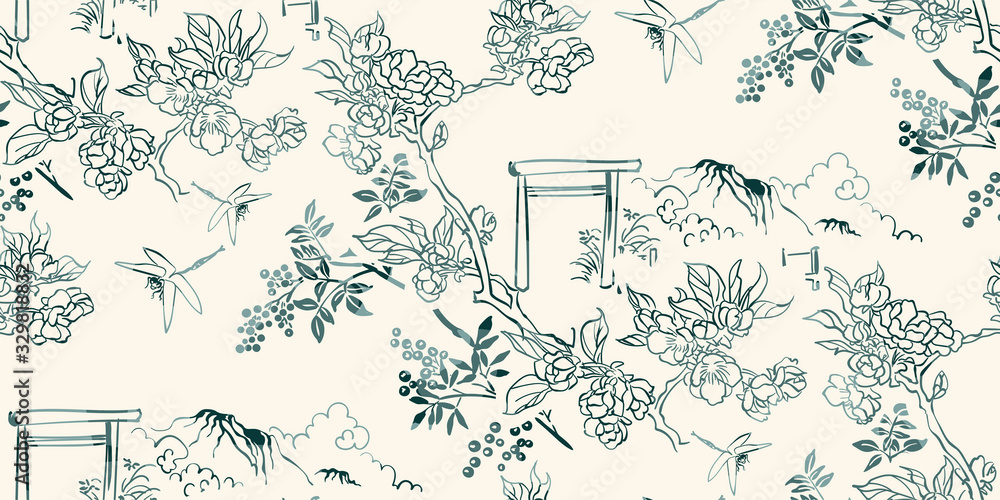 gate blossom dragonfly mountain nature landscape view vector sketch illustration japanese chinese oriental line art ink seamless pattern