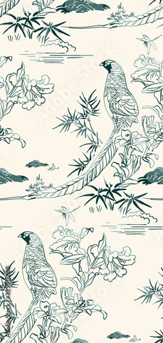 pheasant bamboo flower nature landscape view vector sketch illustration japanese chinese oriental line art ink seamless pattern