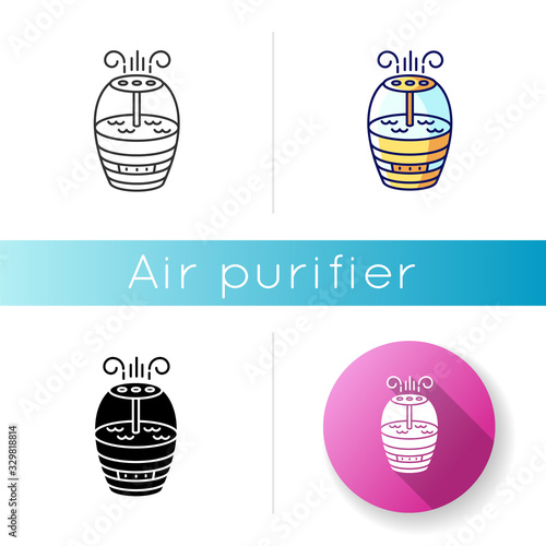 Air cleaning household appliance icon. Home humidifier, domestic ionizer, water vaporization system, breath care electrical device. Linear black and RGB color styles. Isolated vector illustrations