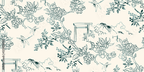 gate blossom dragonfly mountain nature landscape view vector sketch illustration japanese chinese oriental line art ink seamless pattern
