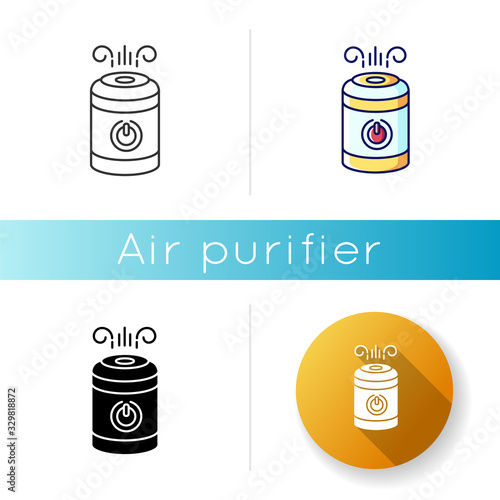 Air cleaner, steam humidifier icon. Household appliance, home ionizer, water vaporizer, healthcare domestic device. Linear black and RGB color styles. Isolated vector illustrations
