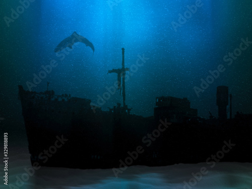 Ship wreck on sea or ocean bottom. Sunk vessel underwater scenery. Silhouette of old abandoned shipwreck and shark above it. Mysterious marine landscape