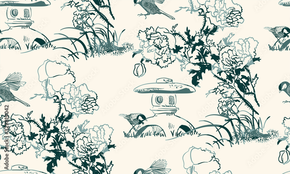 Obraz poppy flower toro bird nature landscape view vector sketch illustration japanese chinese oriental line art ink seamless pattern