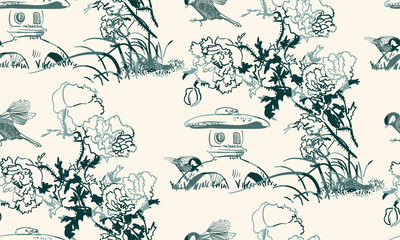 Canvas schilderij Japanse stijl patronen Klaprozen en vogels in oosterse inkt  © CharlieNati