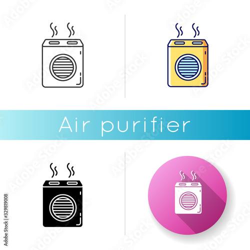 Modern air filter icon. Humidifying household appliance, ionizer, home air purifier, room climate regulating equipment. Linear black and RGB color styles. Isolated vector illustrations