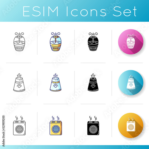 Air purifiers, humidifiers, household appliances icons set. Breath care devices, domestic ionizers, humidity regulators. Linear, black and RGB color styles. Isolated vector illustrations