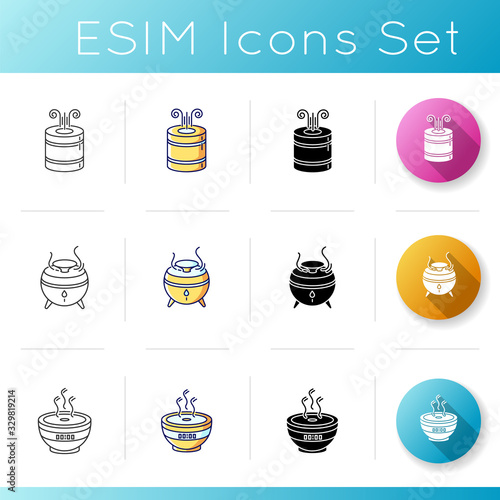 Ultrasonic air purifiers, household appliances icons set. Breath care devices, ionizers, room humidity regulators. Linear, black and RGB color styles. Isolated vector illustrations