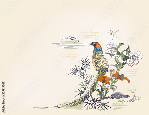 pheasant bamboo flower nature landscape view vector sketch illustration japanese chinese line art ink card background