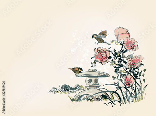 poppy flower toro bird nature landscape view vector sketch illustration japanese chinese line art ink card background