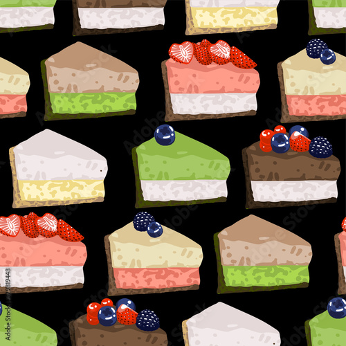 Triangular cake pieses of different tasted covered with berries.