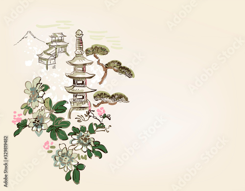 toro flower temple mountain nature landscape view vector sketch illustration japanese chinese art ink card background