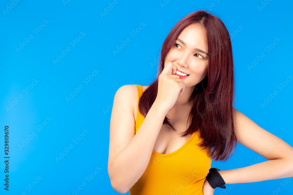 Beauty young asian woman thinking something different. Attractive beautiful girl look at copy space with smiley face, happy. Pretty Asia woman need some product, brand or food. advertising, commercial Beauty young asian woman thinking something different. Attractive beautiful girl look at copy space with smiley face, happy. Pretty Asia woman need some product, brand or food. advertising, commercial