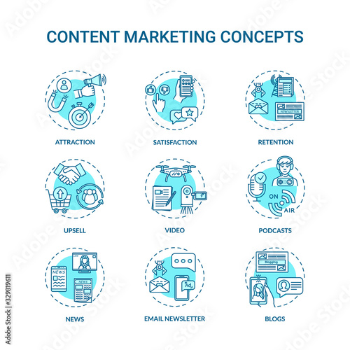 Content marketing concept icons set. Internet advertising, online customer attraction strategies idea thin line RGB color illustrations. Vector isolated outline drawings. Editable stroke