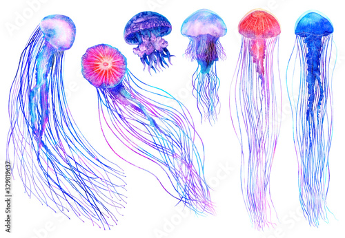 Fototapeta Watercolor jellyfish set in modern bright colors isolated on white background underwater vivid illustration in large size Design element in magic style, purple blue violet glow pink fluid colorful