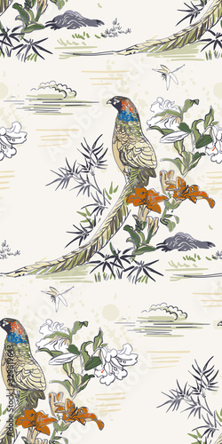 pheasant bamboo flower nature landscape view vector japanese chinese oriental line art ink seamless pattern